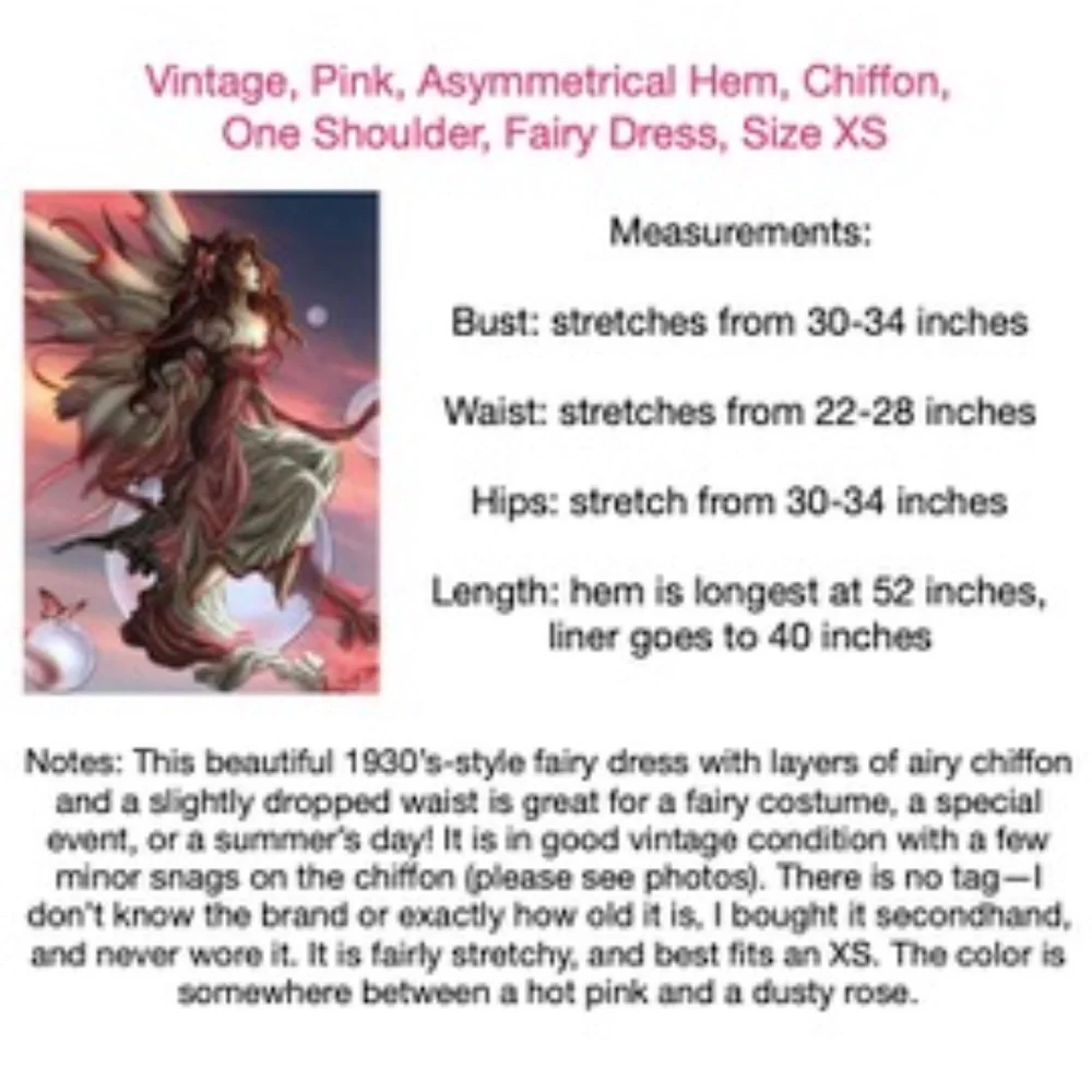 Vintage "Fairy" Asymmetrical Hem Pink Chiffon One Shoulder Midi Dress, XS - Picture 13 of 13